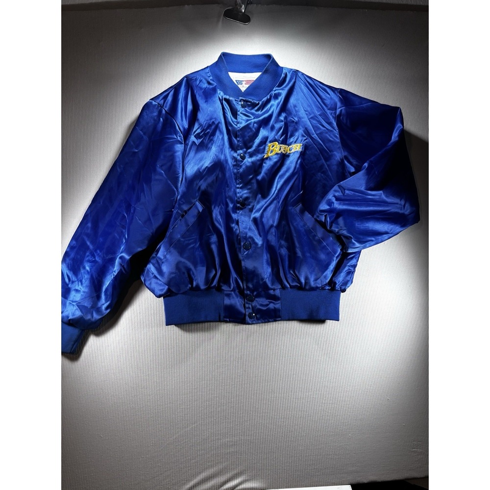Vintage Busch Beer‎ Men's Satin Bomber Jacket USA Made Blue Large Excellent